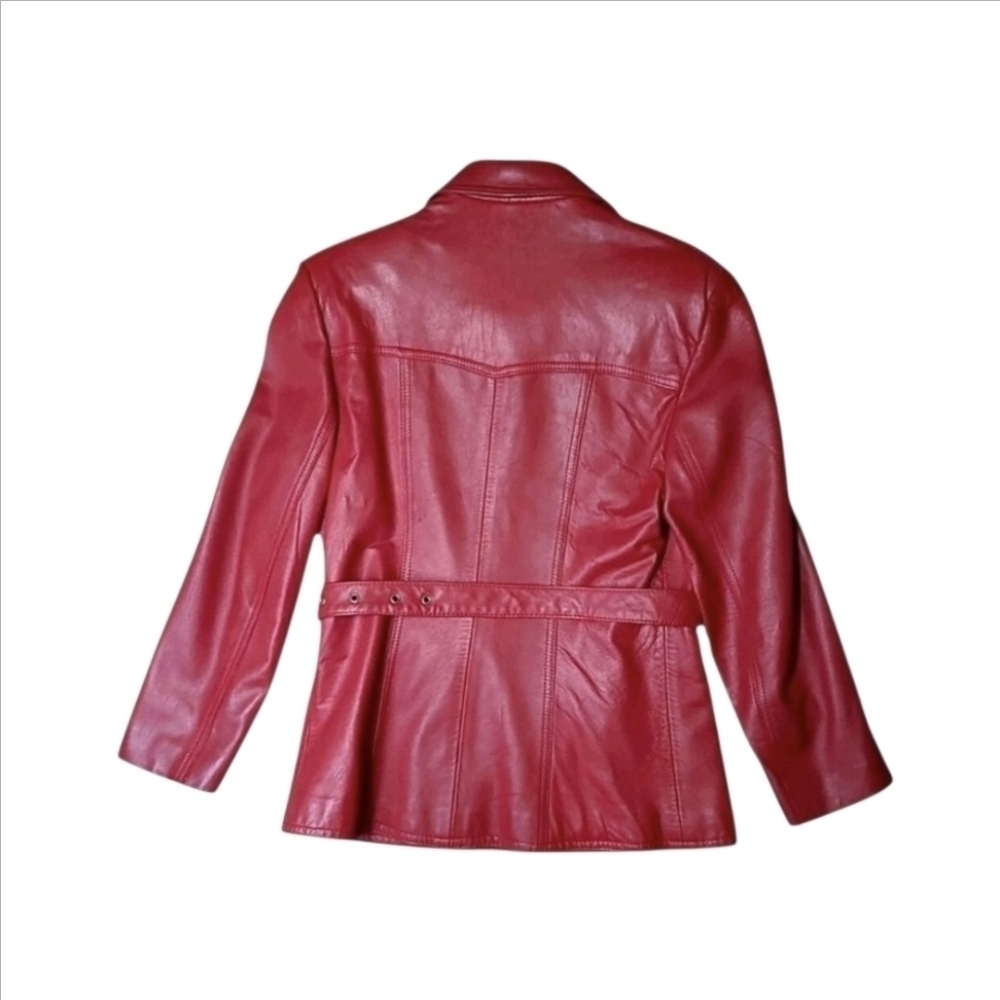 Vintage 1970s Red Leather Moto Jacket Belted Women’s Small Petite | Di Capra Int - Picture 2 of 16